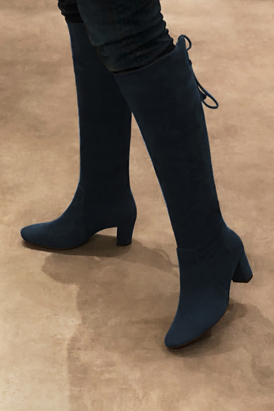 Navy blue women's knee-high boots, with laces at the back. Round toe. Medium block heels. Made to measure. Worn view - Florence KOOIJMAN